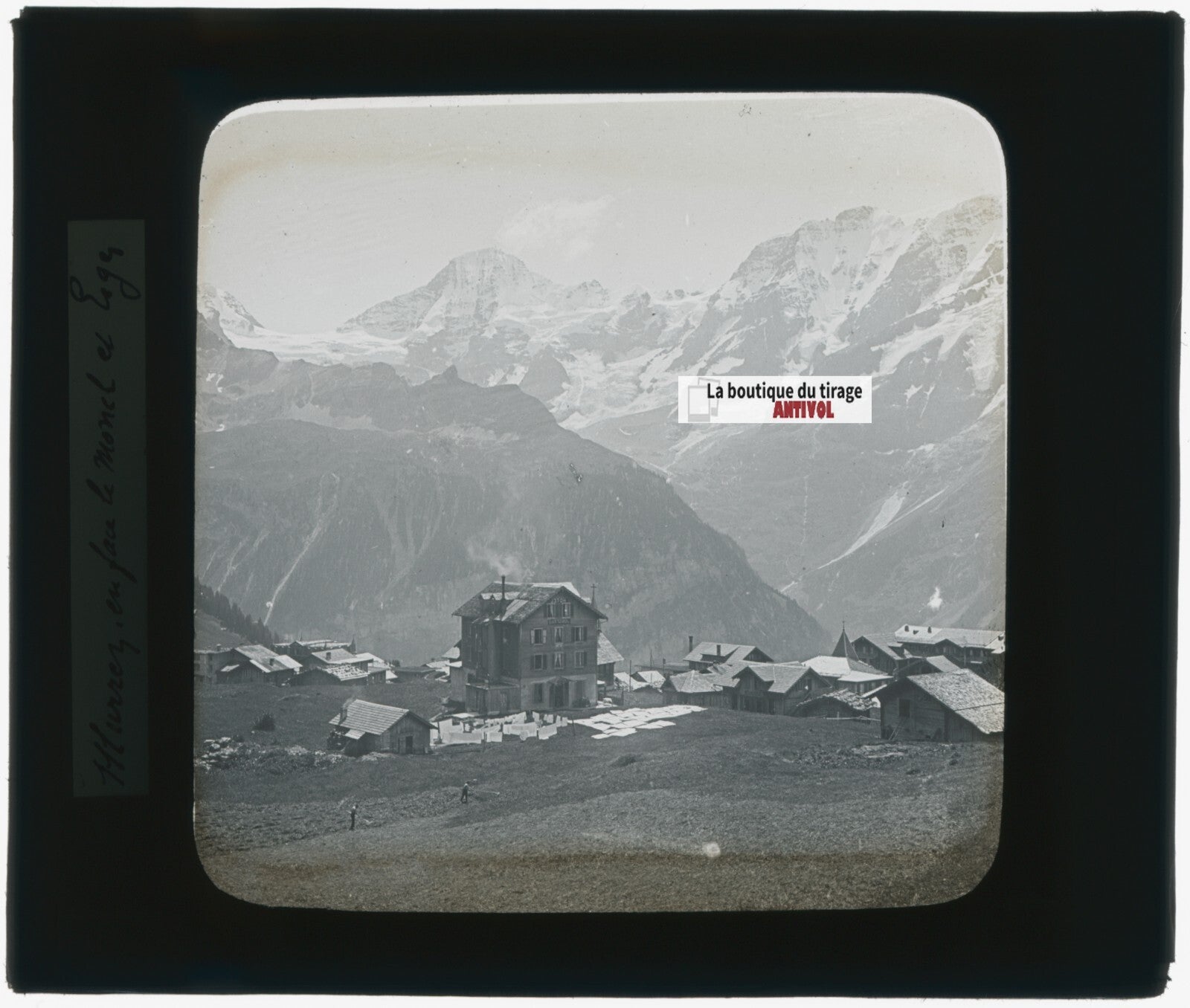 Mürren, Suisse, montagne, photo plaque verre, noir & blanc, positif 8,5x10 cm