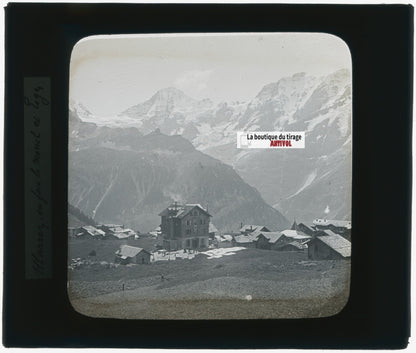 Mürren, Suisse, montagne, photo plaque verre, noir & blanc, positif 8,5x10 cm