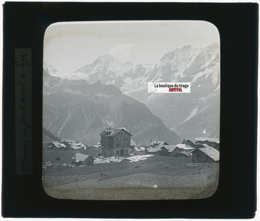 Mürren, Suisse, montagne, photo plaque verre, noir & blanc, positif 8,5x10 cm