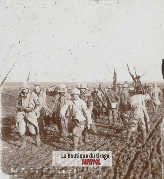 Nanteuil, brancardiers, guerre WW1, plaque verre stéréo, photo 4,5x10,7 cm