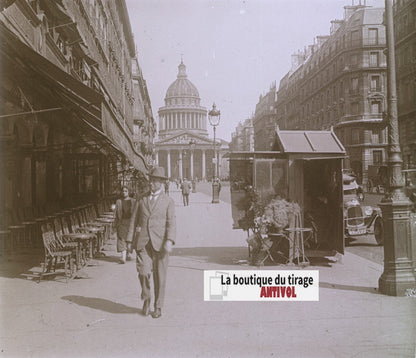 Rue Soufflot et Panthéon, Paris, plaque verre, photo stéréoscopie, N&B 6x13 cm