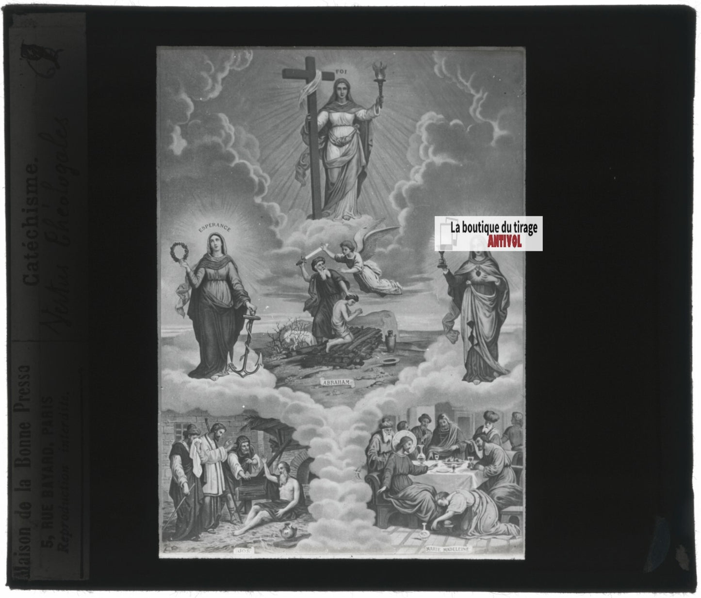 Scène religieuse, catéchisme, dessin peinture, plaque verre, positif 8,5x10 cm