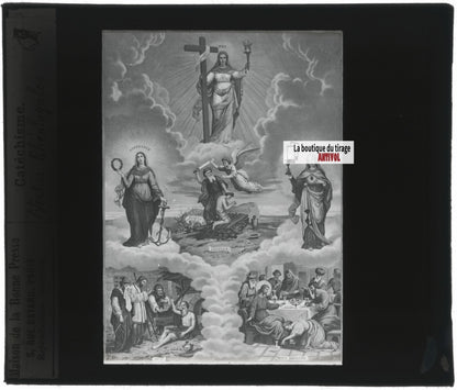 Scène religieuse, catéchisme, dessin peinture, plaque verre, positif 8,5x10 cm