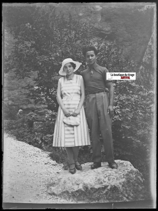 Couple, amour, Plaque verre photo ancienne, négatif noir & blanc 9x12 cm