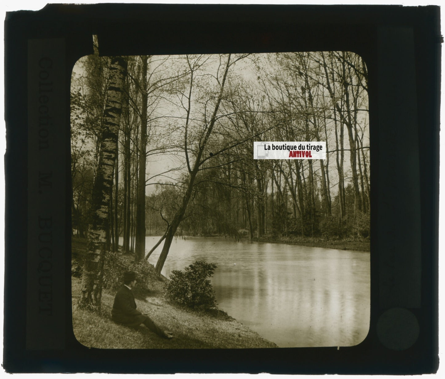 Homme, lac de Saint-Mandé, photo plaque de verre, sépia, positif 8,5x10 cm