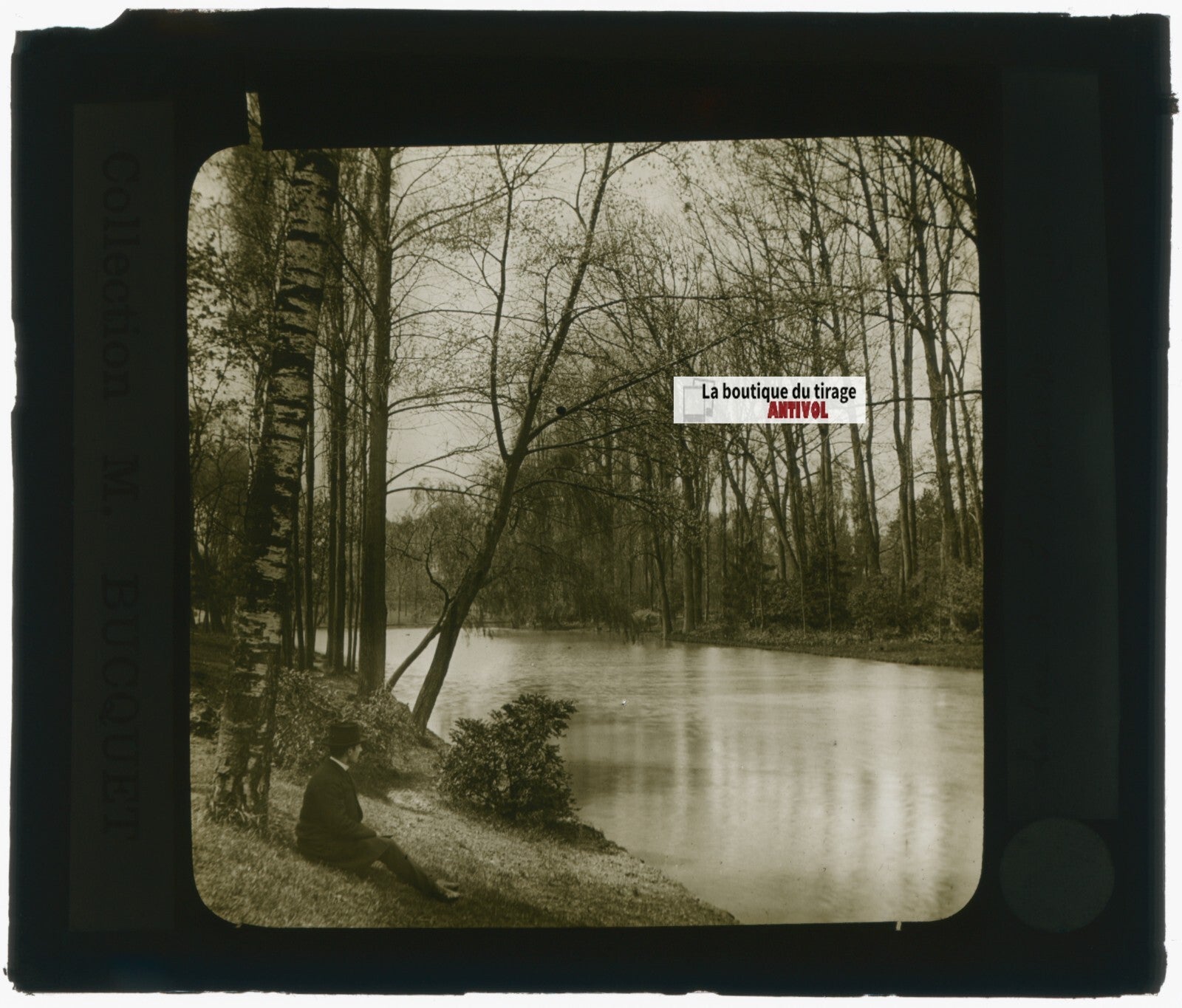 Homme, lac de Saint-Mandé, photo plaque de verre, sépia, positif 8,5x10 cm