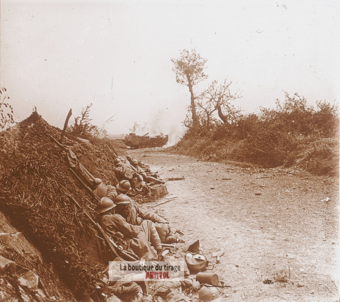 Prise de Courcelles, char guerre WW1, plaque verre photo ancienne stéréo 6x13 cm