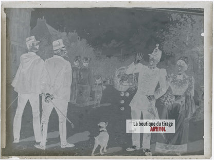 Illustration humoristique, dessin, plaque verre photo ancienne, négatif 9x12 cm