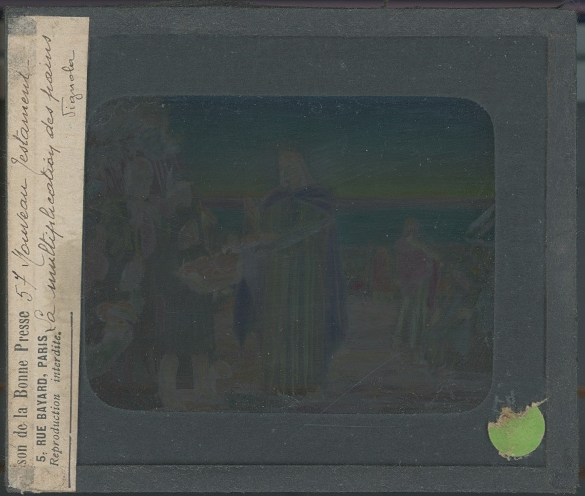 Multiplication des Pains, dessin, plaque verre ancienne, couleur 8,5x10 cm