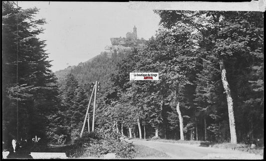 Plaque verre photo, négatif noir & blanc 9x14 cm, Dabo, Chapelle et hôtel, route