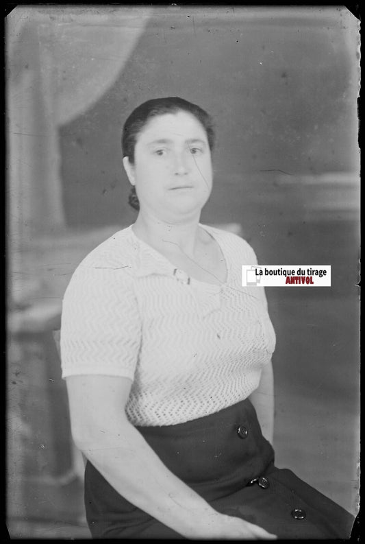 Femme, portrait, Plaque verre photo ancienne, négatif noir & blanc 10x15 cm