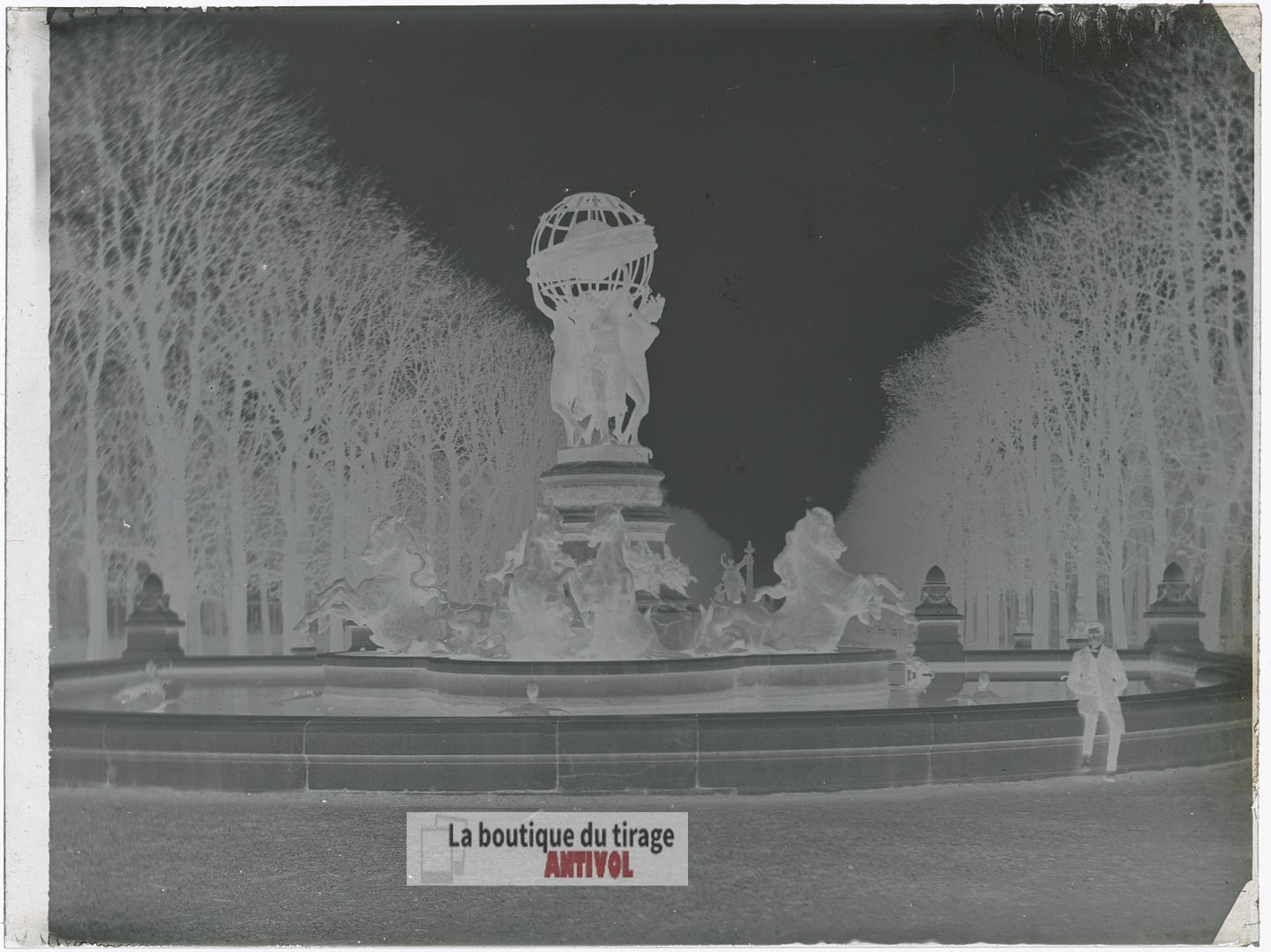 Fontaine de l’Observatoire, Paris, plaque verre, photo ancienne, négatif 9x12 cm