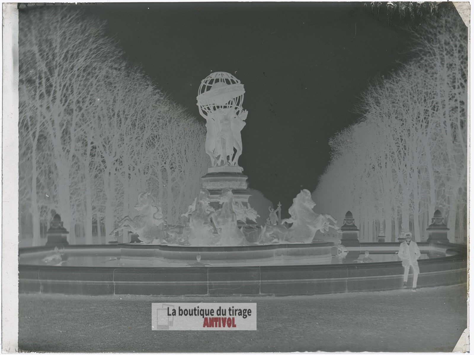 Fontaine de l’Observatoire, Paris, plaque verre, photo ancienne, négatif 9x12 cm