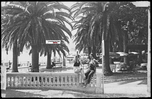 Plaque verre photo négatif noir & blanc 9x14 cm, Sainte-Maxime, place palmiers