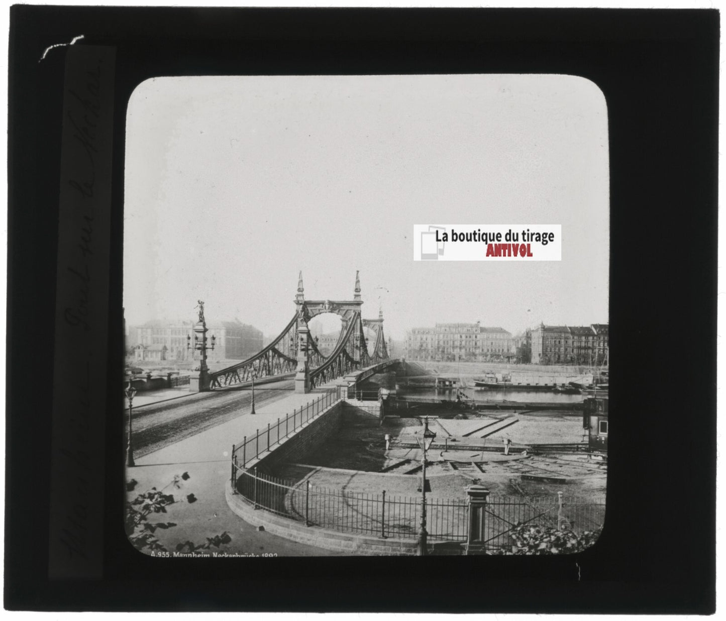 Pont sur le Neckar, Mannheim, Allemagne, photo plaque verre, positif 8,5x10 cm