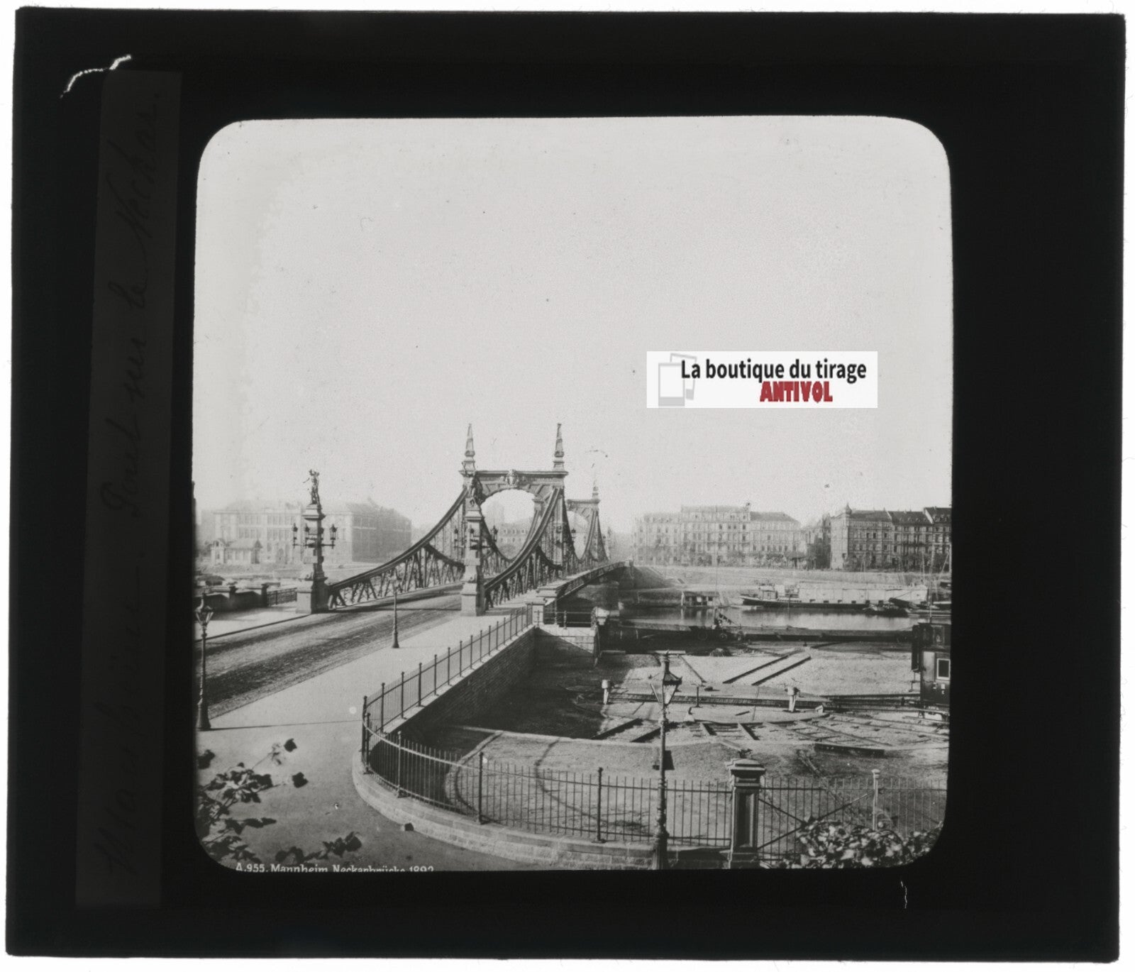 Pont sur le Neckar, Mannheim, Allemagne, photo plaque verre, positif 8,5x10 cm