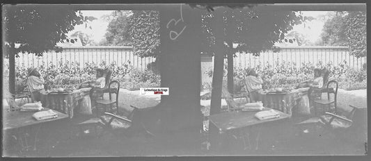 Thé, café, maison, Plaque verre photo stéréo, négatif noir & blanc 4,5x10,7 cm