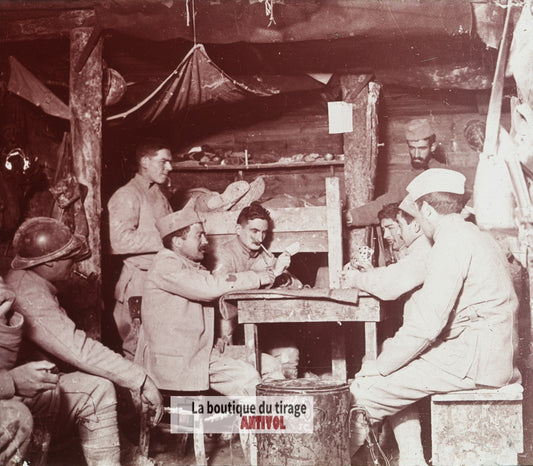 Partie de cartes, Champagne guerre WW1, plaque verre stéréo, photo 4,5x10,7 cm