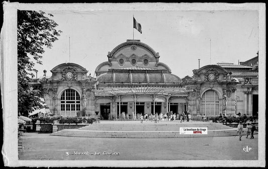 Plaque verre ancienne photo négatif noir & blanc 9x14 cm, Vichy, enfants, casino