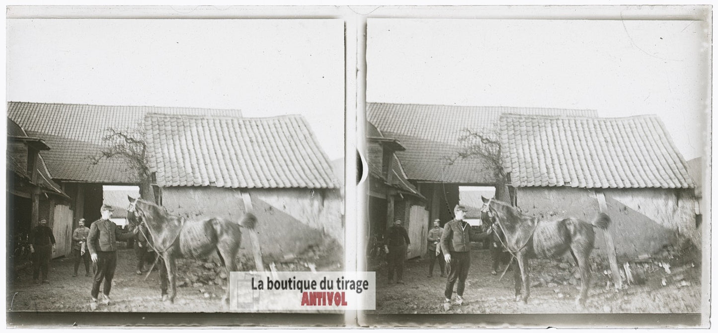 Soldat cheval, Front français, WW1, plaque verre photo ancienne stéréo 6x13 cm