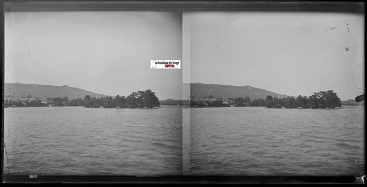 Lac, paysage, Plaque verre photo ancienne, stéréo négatif noir & blanc 9x18 cm