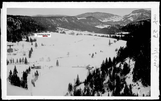 Plaque verre photo ancienne, négatif noir & blanc 9x14 cm, Morez, montagne hiver