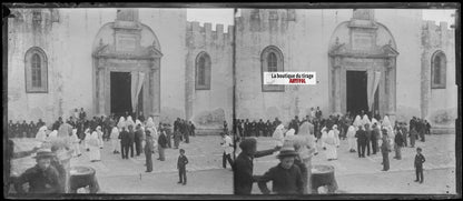 Fête religieuse, église, Italie, stéréo photo plaque verre, négatif 8x18 cm