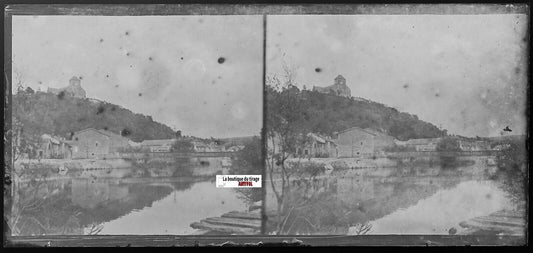 Village rivière, France, Plaque verre photo stéréo, négatif noir & blanc 6x13 cm