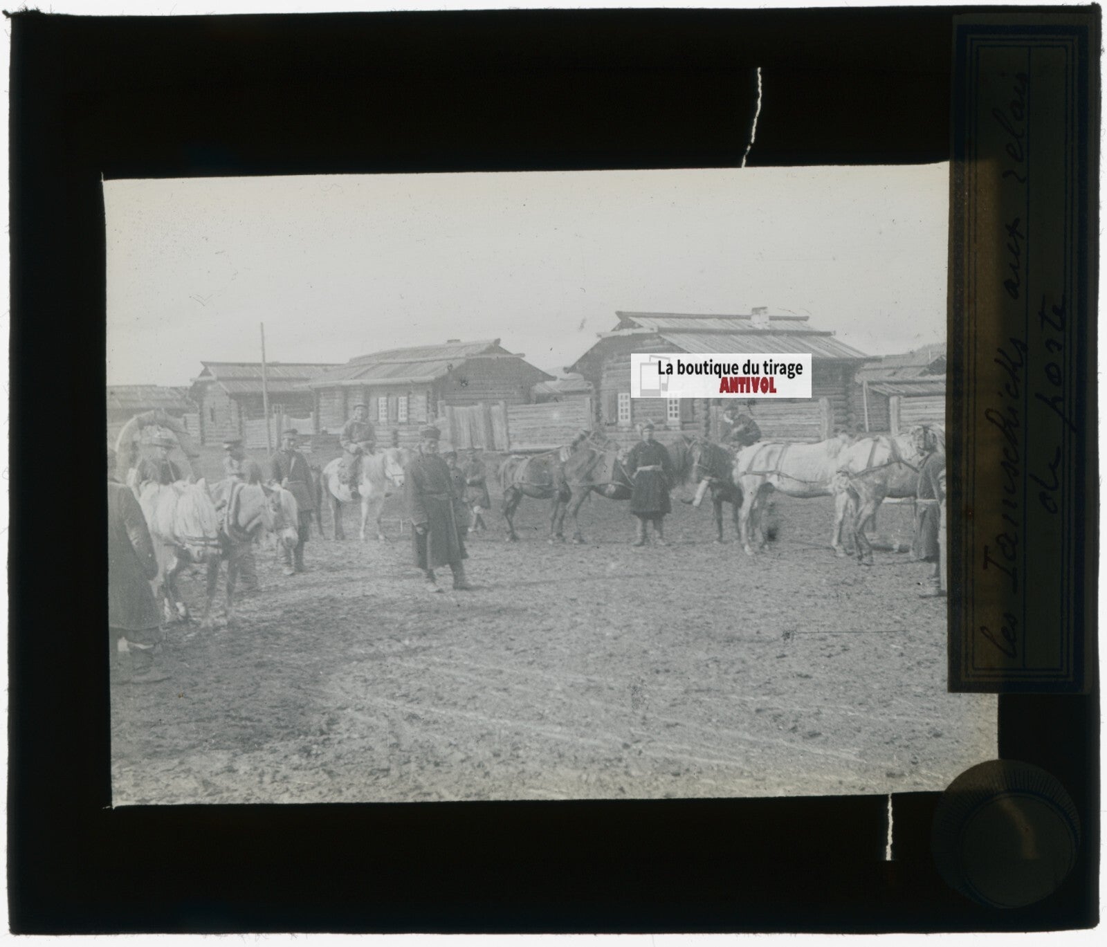 Peuple, chevaux, Russie, photo plaque verre, noir & blanc, positif 8,5x10 cm
