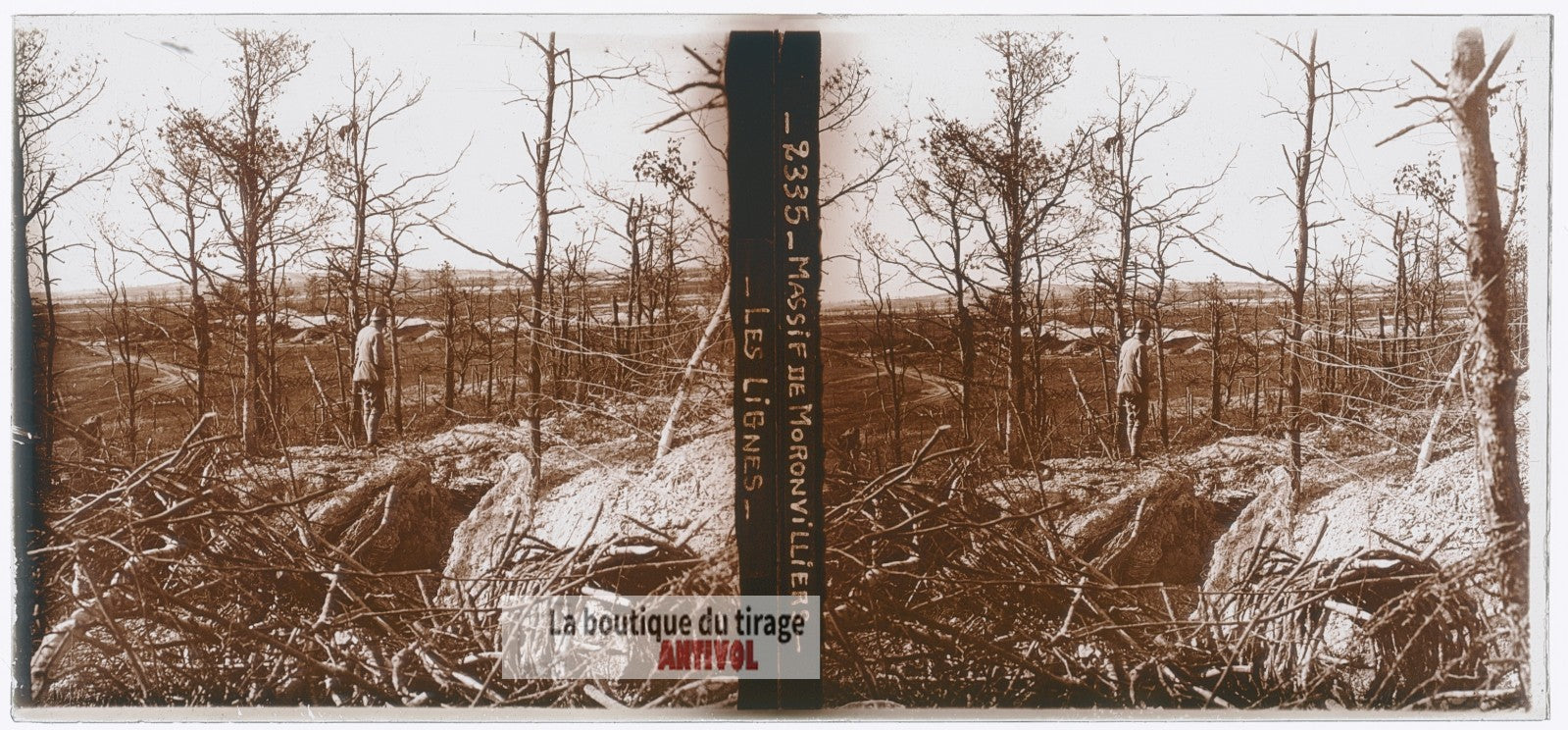 Massif de Moronvilliers, guerre WW1, plaque verre photo ancienne stéréo 6x13 cm