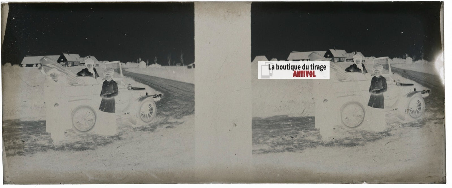 Famille, voiture, Plaque verre stéréoscopie, négatif noir & blanc 4,5x10,7 cm