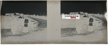 Famille, voiture, Plaque verre stéréoscopie, négatif noir & blanc 4,5x10,7 cm