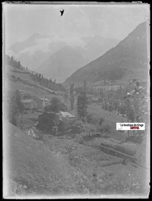 Pyrénées, paysage, Plaque verre photo ancienne, négatif noir & blanc 9x12 cm