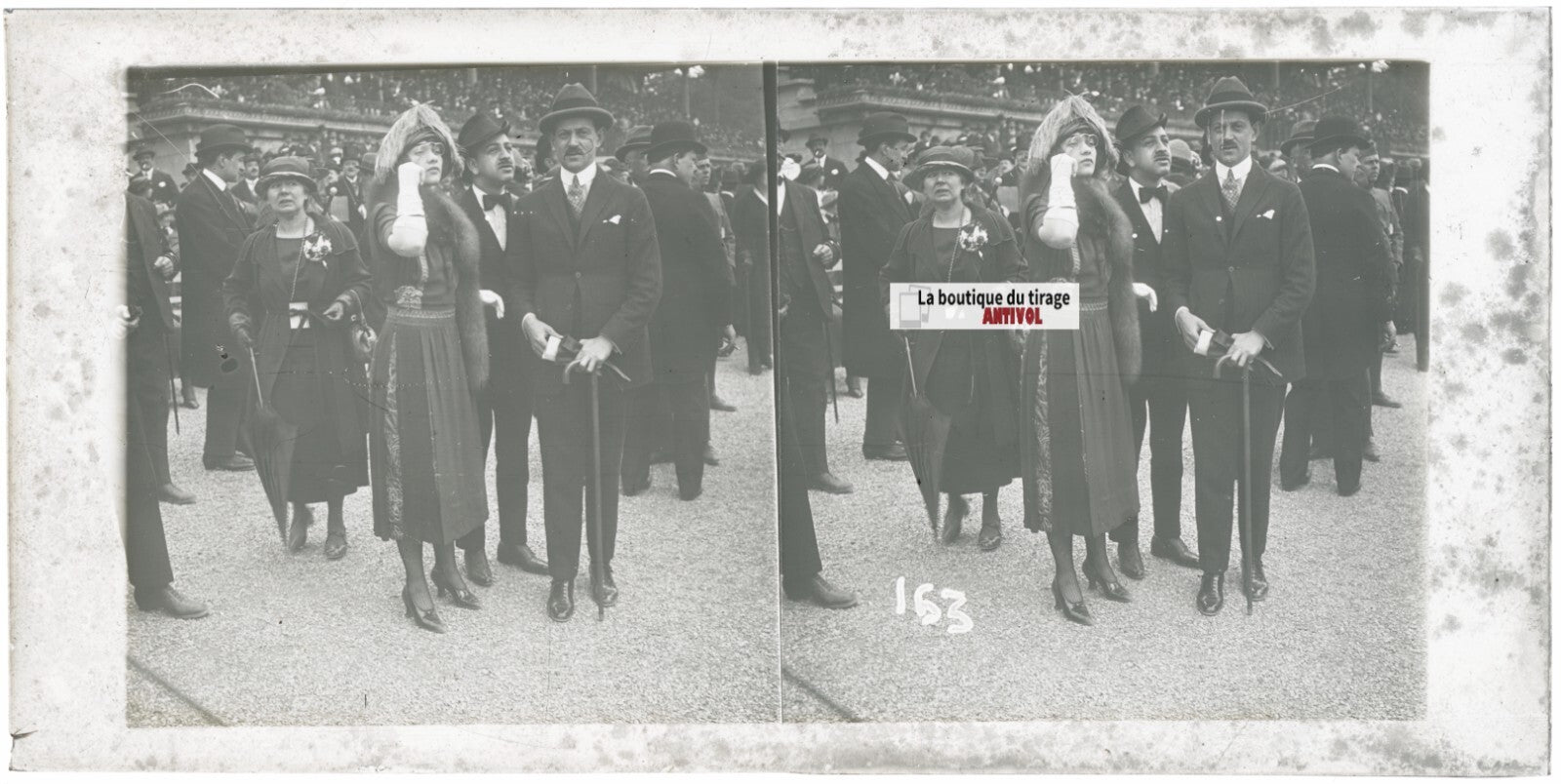 Scène de vie, Longchamp, Paris, plaque verre stéréoscopique, positif 8,5x17 cm