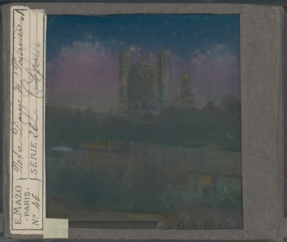 Basilique Notre-Dame de Fourvière Lyon, plaque ancienne verre couleur, 8,5x10 cm