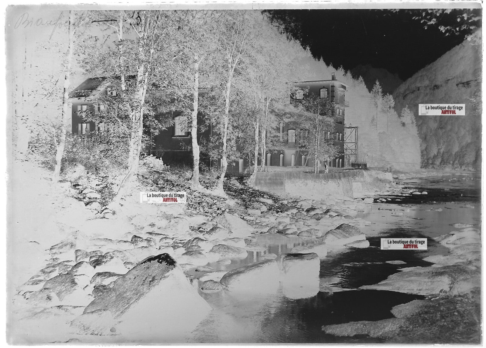 Plaque verre photo ancienne négatif noir et blanc 13x18 cm Lac de Biaufond Doubs