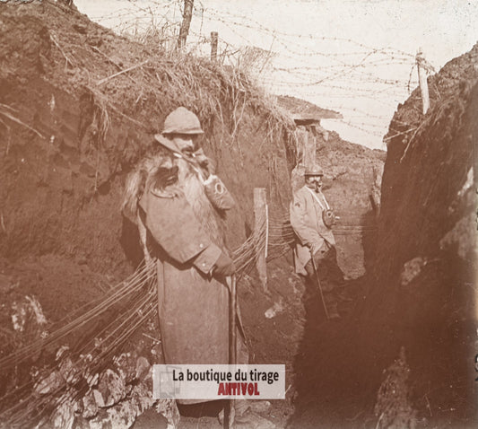 Quennevières, Boyau de l’Œuf, guerre WW1, plaque verre stéréo, photo 4,5x10,7 cm