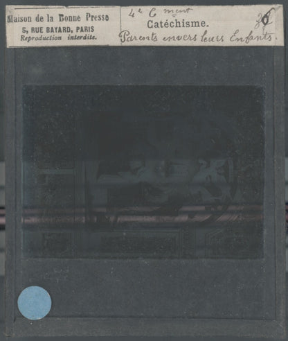 Scène religieuse, catéchisme, dessin peinture, plaque verre, positif 8,5x10 cm