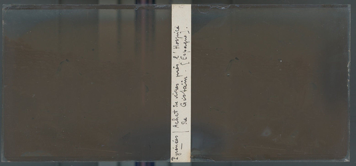 Hospice de Gistain, plaque verre, photo ancienne stéréo, sépia 6x13 cm