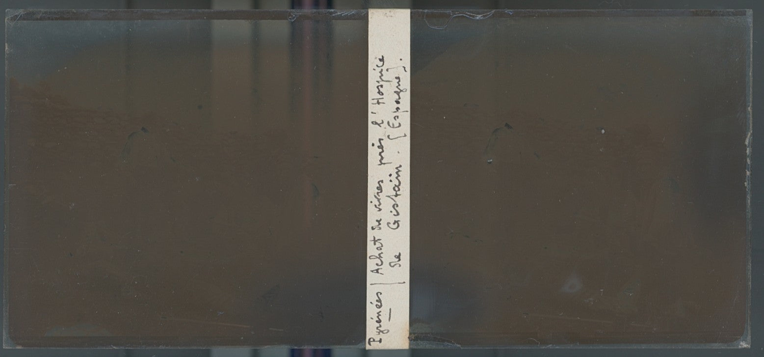 Hospice de Gistain, plaque verre, photo ancienne stéréo, sépia 6x13 cm