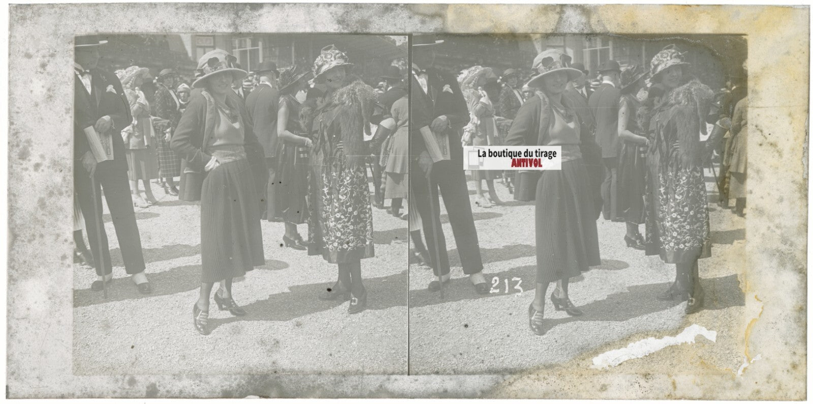 Scène de vie, Longchamp, Paris, plaque verre stéréoscopique, positif 8,5x17 cm