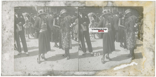 Scène de vie, Longchamp, Paris, plaque verre stéréoscopique, positif 8,5x17 cm