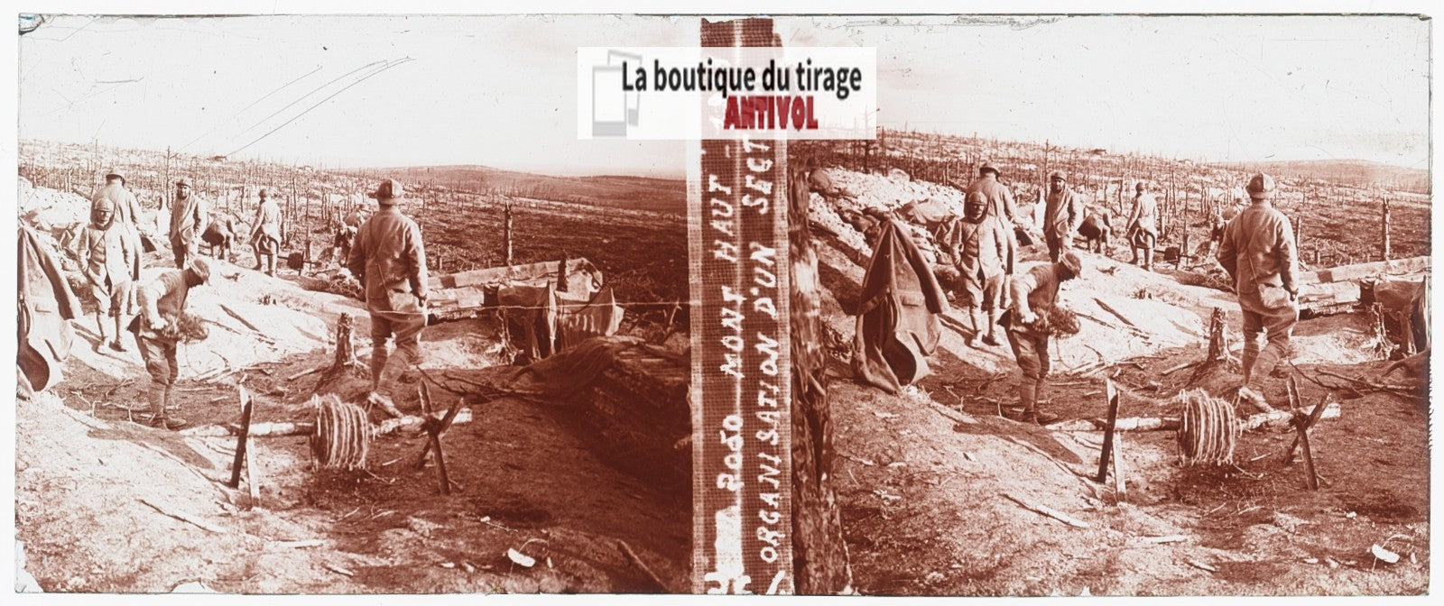 Mont Haut, guerre WW1, plaque verre stéréo, photo ancienne 4,5x10,7 cm