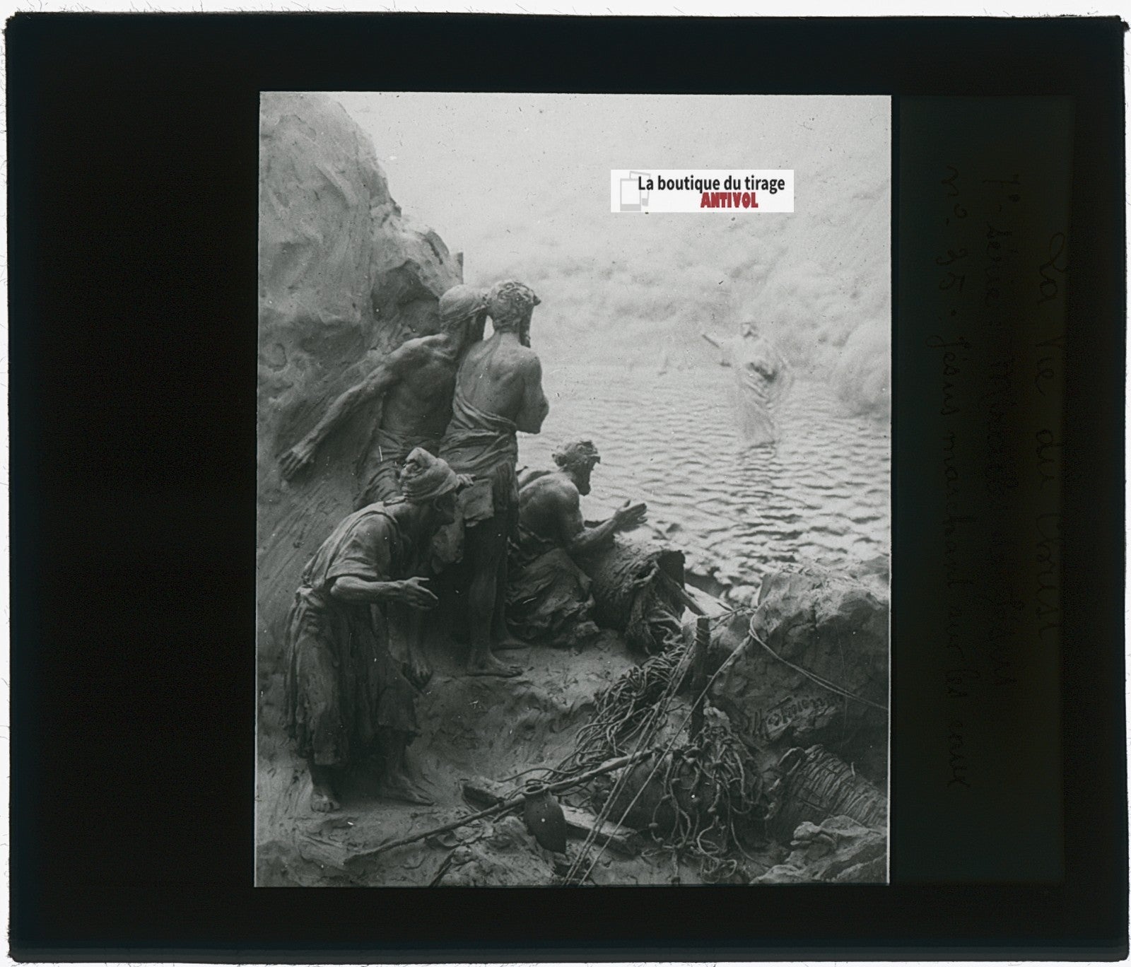 Jésus marchant sur les eaux, photo plaque verre, noir & blanc, positif 8,5x10 cm
