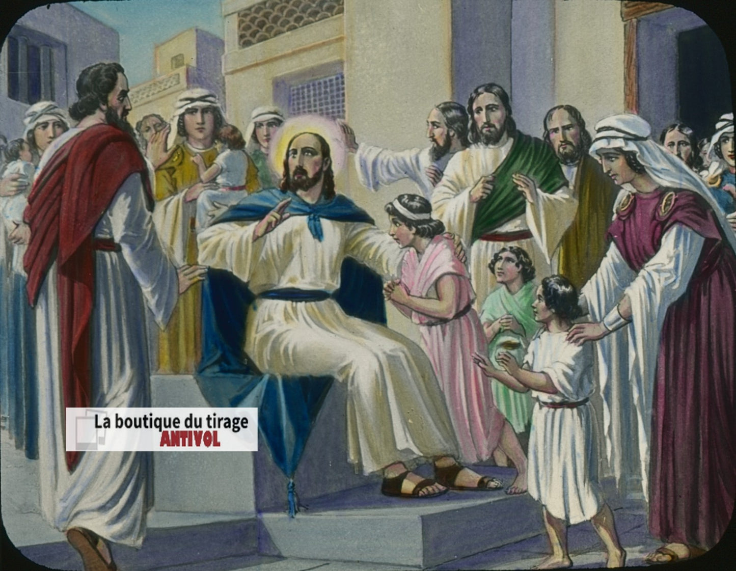 Jésus bénit les petits enfants, dessin, plaque verre ancienne, couleur 8,5x10 cm