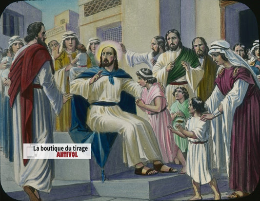 Jésus bénit les petits enfants, dessin, plaque verre ancienne, couleur 8,5x10 cm