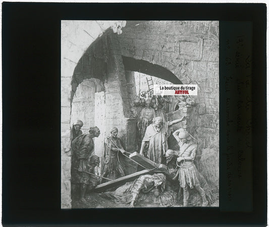 Jésus succombe, photo ancienne, plaque verre, noir & blanc, 8,5x10 cm