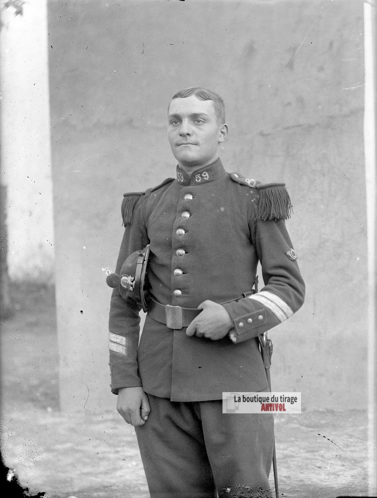 Portrait soldat, 59ᵉ régiment, plaque verre photo ancienne, négatif 9x12 cm