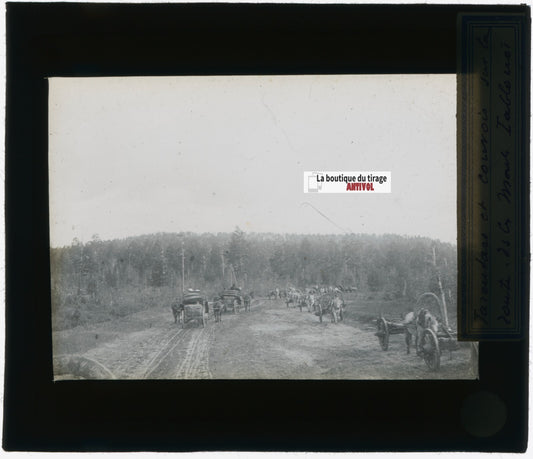 Iablonoï, Russie, Tarantass, photo plaque verre, noir & blanc, positif 8,5x10 cm