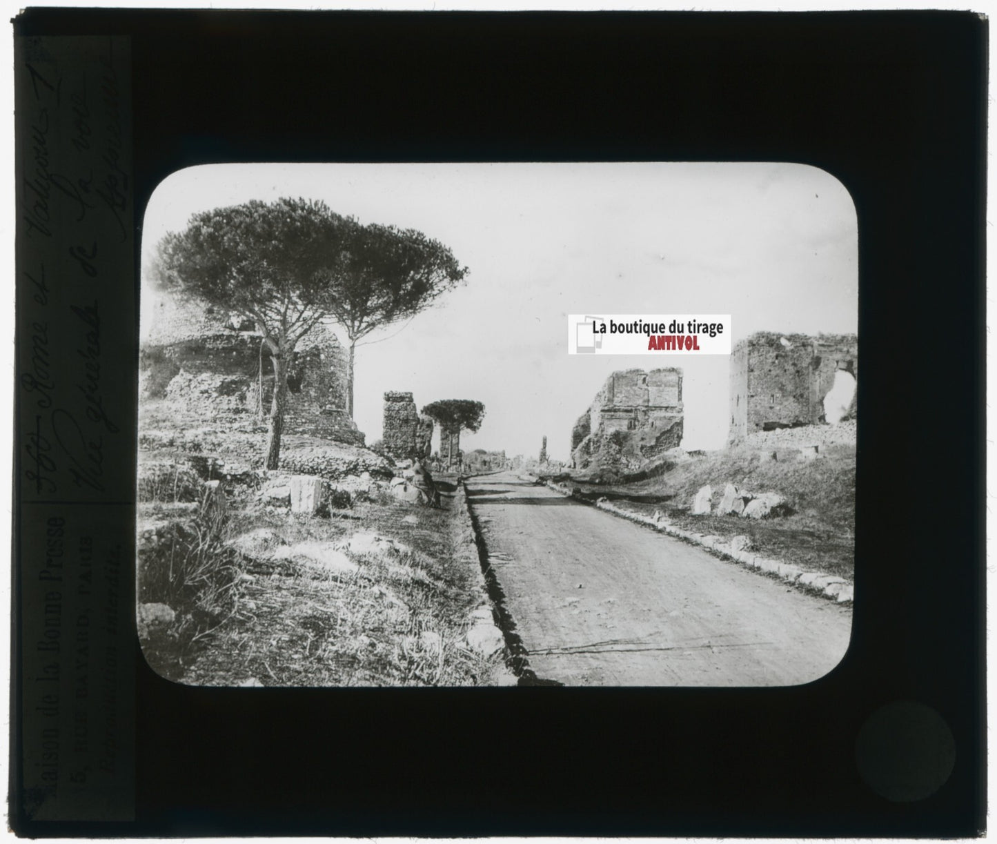 Via Appia, Rome, Italie, photo plaque verre, noir & blanc, positif 8,5x10 cm